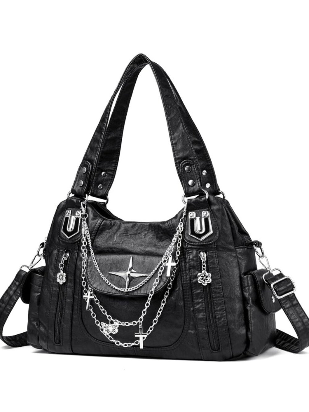 Y2K Gothic Tote Bag, Vintage Punk Shoulder Bag with Chains, Multi-Pocket